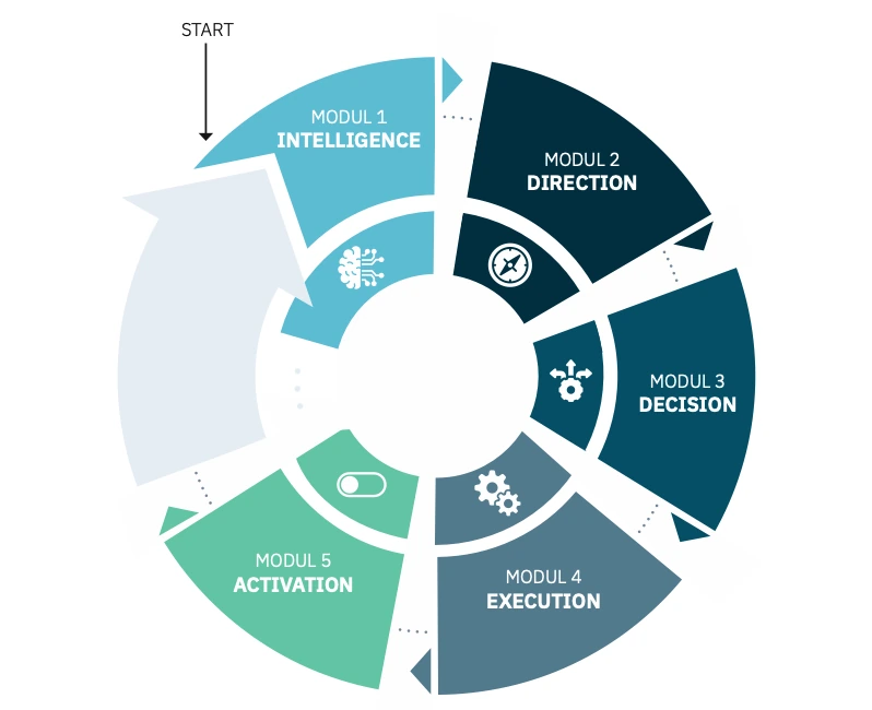 Kreislauf der fünf Module: Modul 1 Intelligence, Modul 2 Direction, Modul 3 Decision, Modul 4 Execution und Modul 5 Activation.